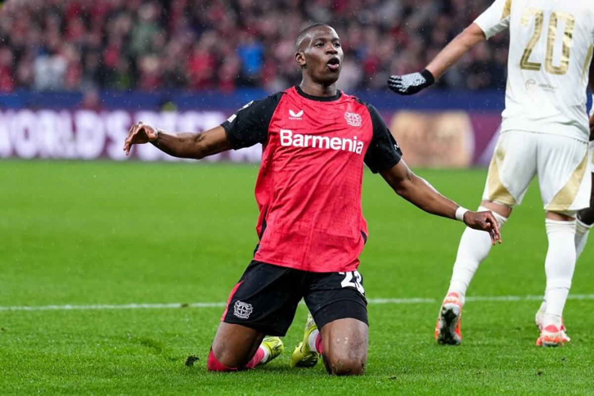 Bayer Leverkusen's French forward #23 Nordi Mukiele reacts during the UEFA Champions League football match between Bayer 04 Leverkusen and Sparta Prague in Leverkusen, western Germany on January 29, 2025. Pau BARRENA / AFP
