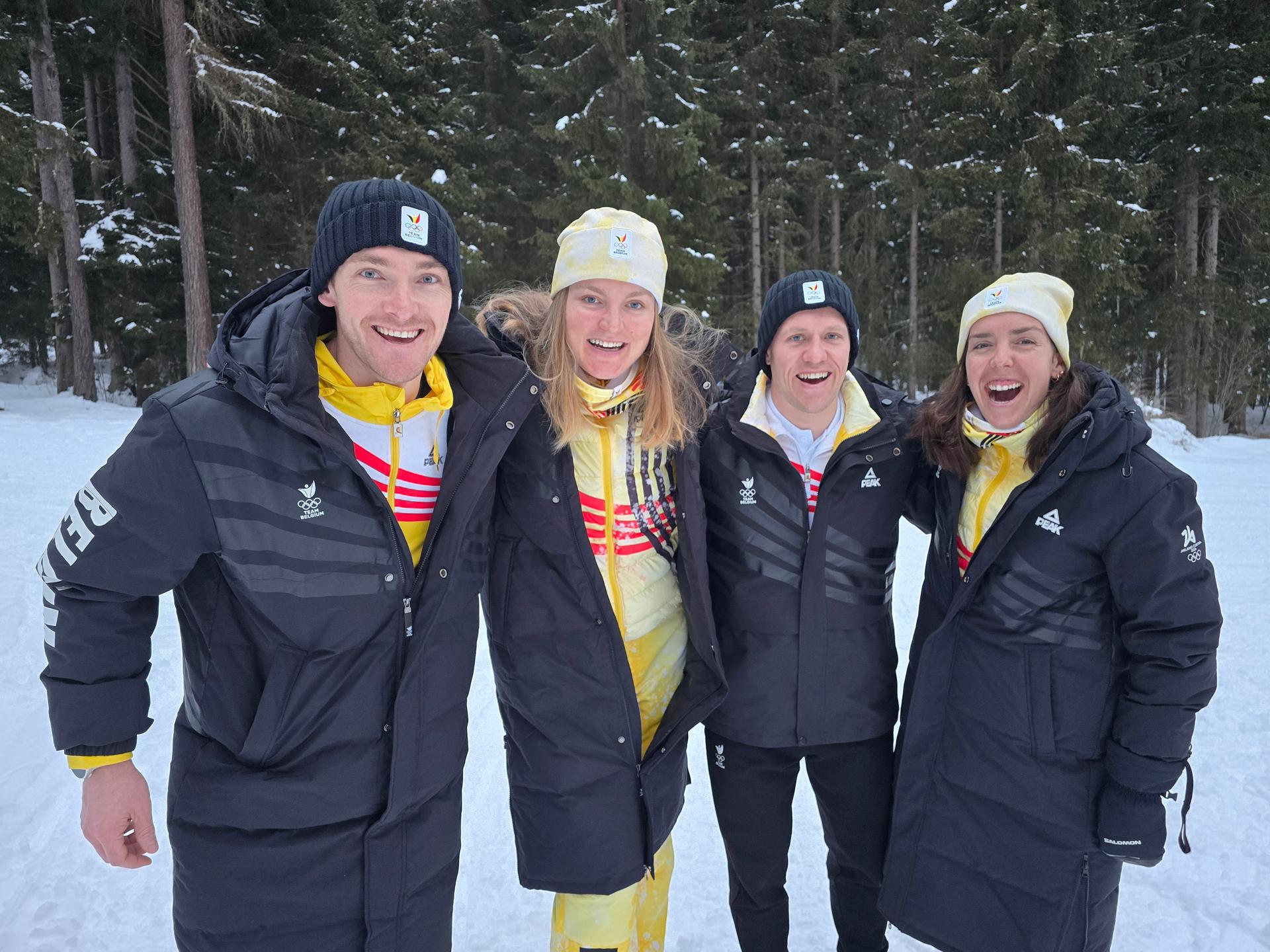 ATTENTION EDITORS - HANDOUT PICTURE - EDITORIAL USE ONLY - MANDATORY CREDIT COIB - BOIC - L-R, Belgian biathlete Florent Claude, Belgian biathlete Maya Cloetens , Belgian biathlete Thierry Langer and Belgian biathlete Lotte Lie pictured in Anterselva ahead of the Milano Cortina 2026 Olympic Winter Games, on Thursday 05 February 2026, Italy. The XXV Winter Olympics take place from 6 to 22 February 2026 in Italy. PHOTO HAND OUT - BENJAMIN WERY - Belga and Belga editorial board decline all responsability regarding the content of this picture. -