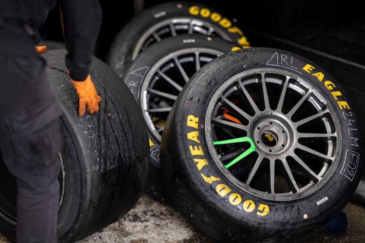 Tyres are pictured at a paddock of Le Mans' racetrack on June 12, 2024 in Le Mans, western France, during the preparation of Le Mans' 24-hours endurance race. FRED TANNEAU / AFP