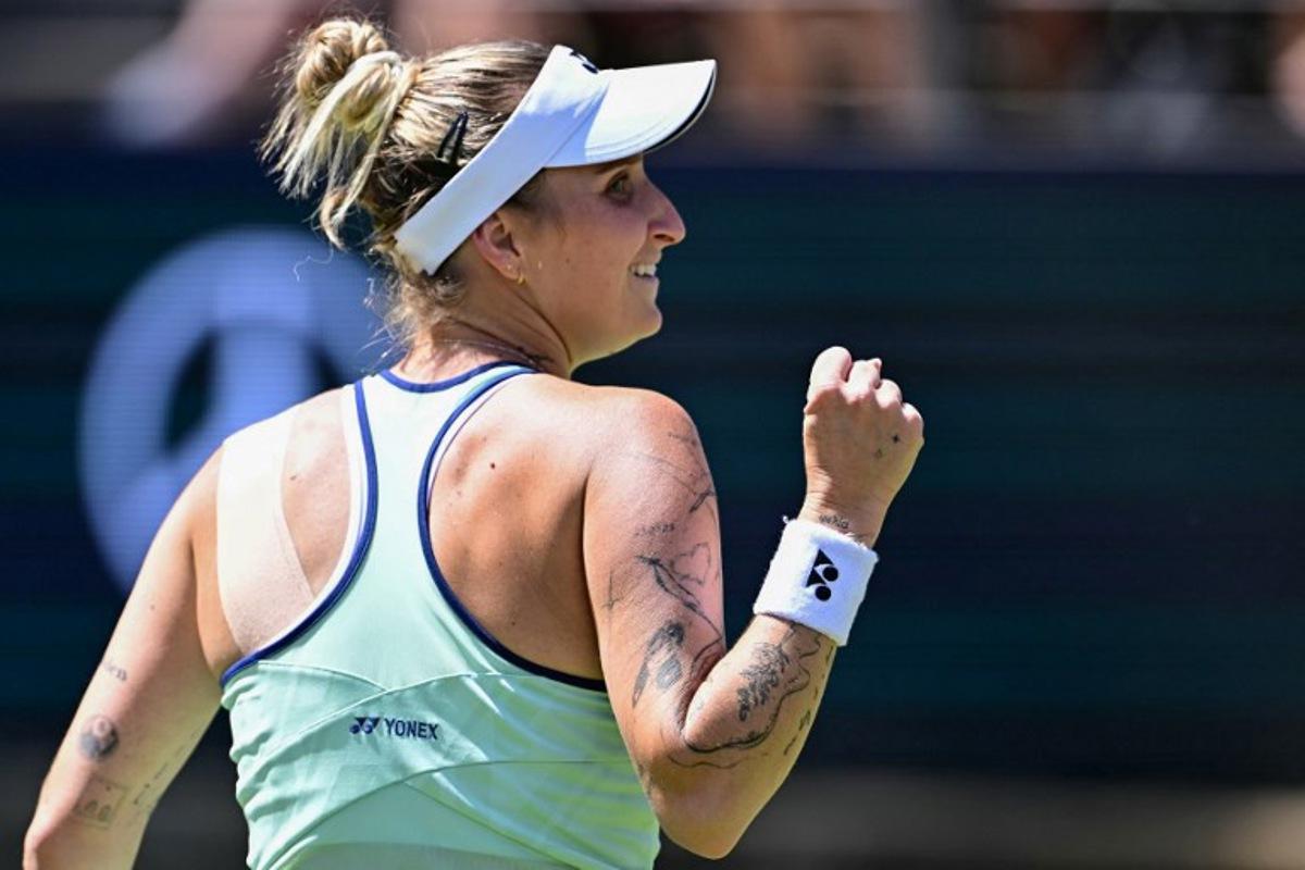 Czech Republic's Marketa Vondrousova reacts during the semi-final match at the WTA tennis tournament in Berlin on June 21, 2025. Tobias SCHWARZ / AFP