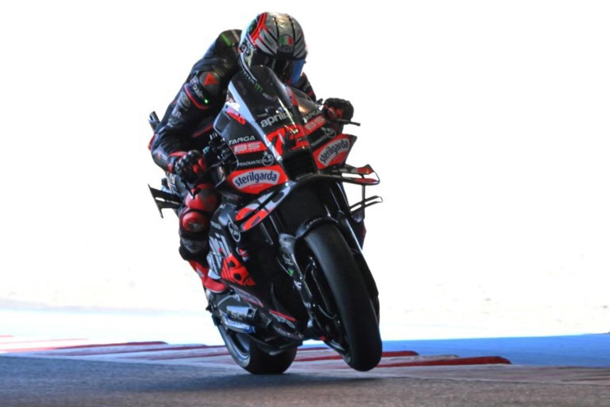 Aprilia Racing rider Marco Bezzecchi of Italy rides his motorcycle during the MotoGP class practice session of the Japanese MotoGP Grand Prix at Mobility Resort Motegi in Motegi, Tochigi prefecture on September 27, 2025. TOSHIFUMI KITAMURA / AFP