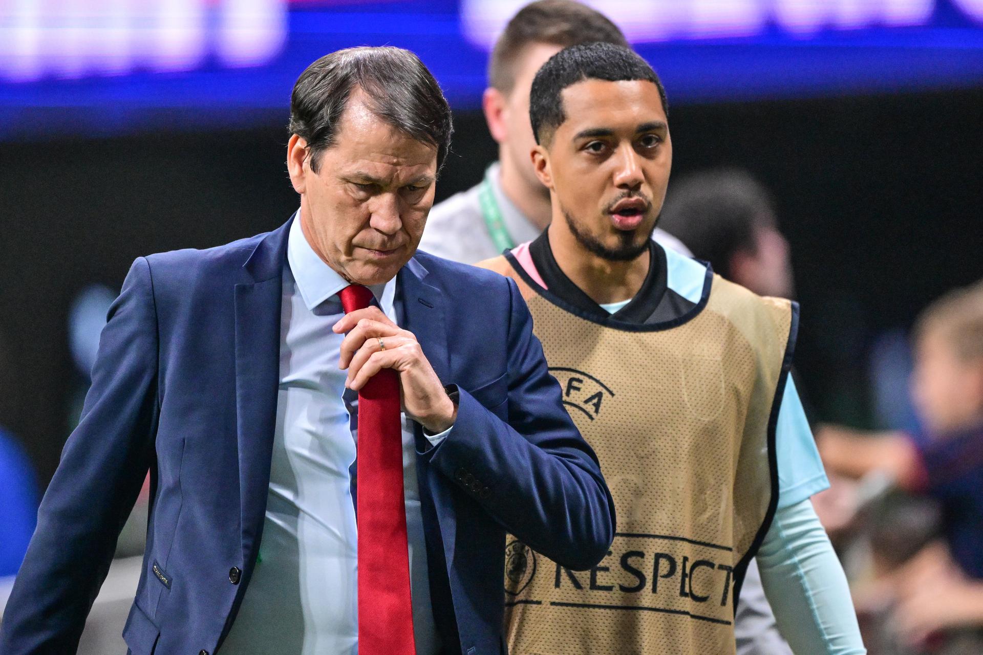 Belgium's head coach Rudi Garcia and Belgium's Youri Tielemans pictured during a friendly soccer game between the United States national team and Belgian national soccer team Red Devils in Atlanta, on Saturday 28 March 2026, in preparation for the 2026 World Cup. BELGA PHOTO DIRK WAEM