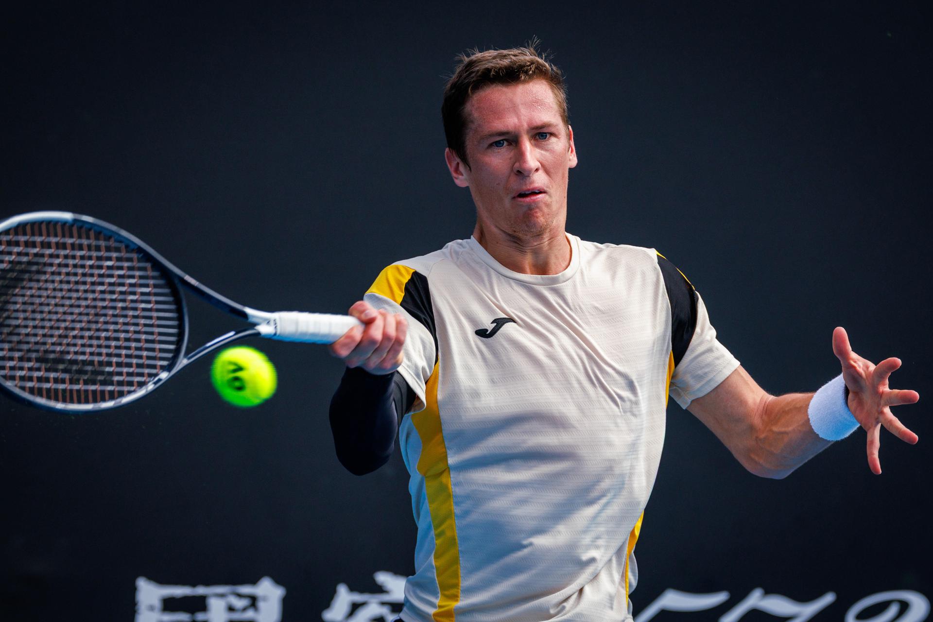 Belgium's Kimmer Coppejans pictured in action during a third round qualifying match in the men's singles against USA's Svajda at the Australian Open, Melbourne Park, Melbourne on Thursday 15 January 2026. BELGA PHOTO PATRICK HAMILTON --- BENELUX ONLY ---