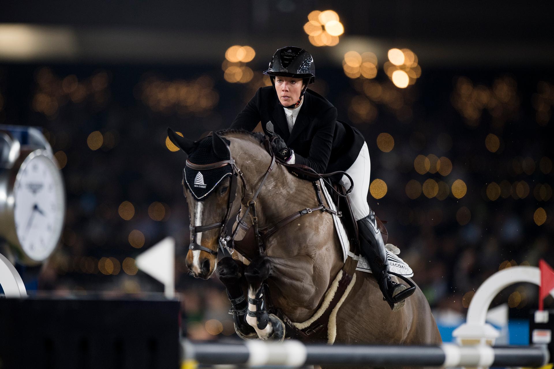 Belgian Gudrun Patteet with Sea Coast Pebbles Z pictured in action during the FEI World Cup Jumping competition at the 'Vlaanderens Kerstjumping - Memorial Eric Wauters' equestrian event, in Mechelen, Sunday 30 December 2018. BELGA PHOTO JASPER JACOBS