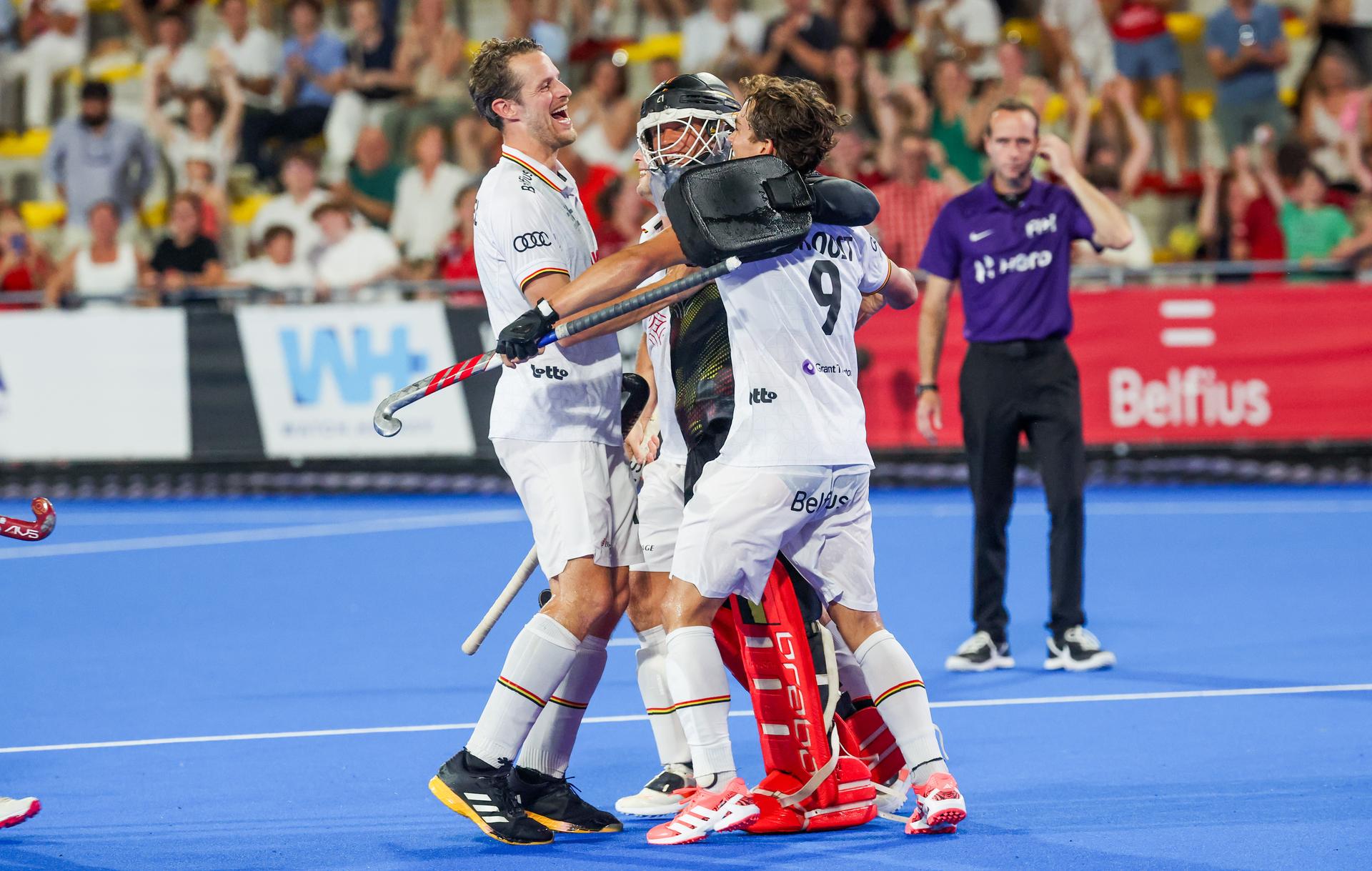 Belgium's goalkeeper Vincent Vanasch celebrates after winning a hockey game between Belgian national team Red Lions and Netherlands, Wednesday 24 June 2026 in Wavre, match 13/16 in the group stage of the men's FIH Pro League competition. BELGA PHOTO VIRGINIE LEFOUR