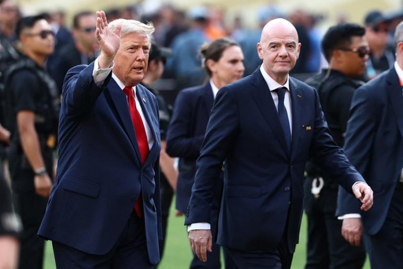 FIFA President Gianni Infantino (R) and US President Donald Trump arrive for the final ceremony after the 2026 World Cup football tournament final match between Spain and Argentina at the New York/New Jersey Stadium in East Rutherford on July 19, 2026. CHARLY TRIBALLEAU / AFP