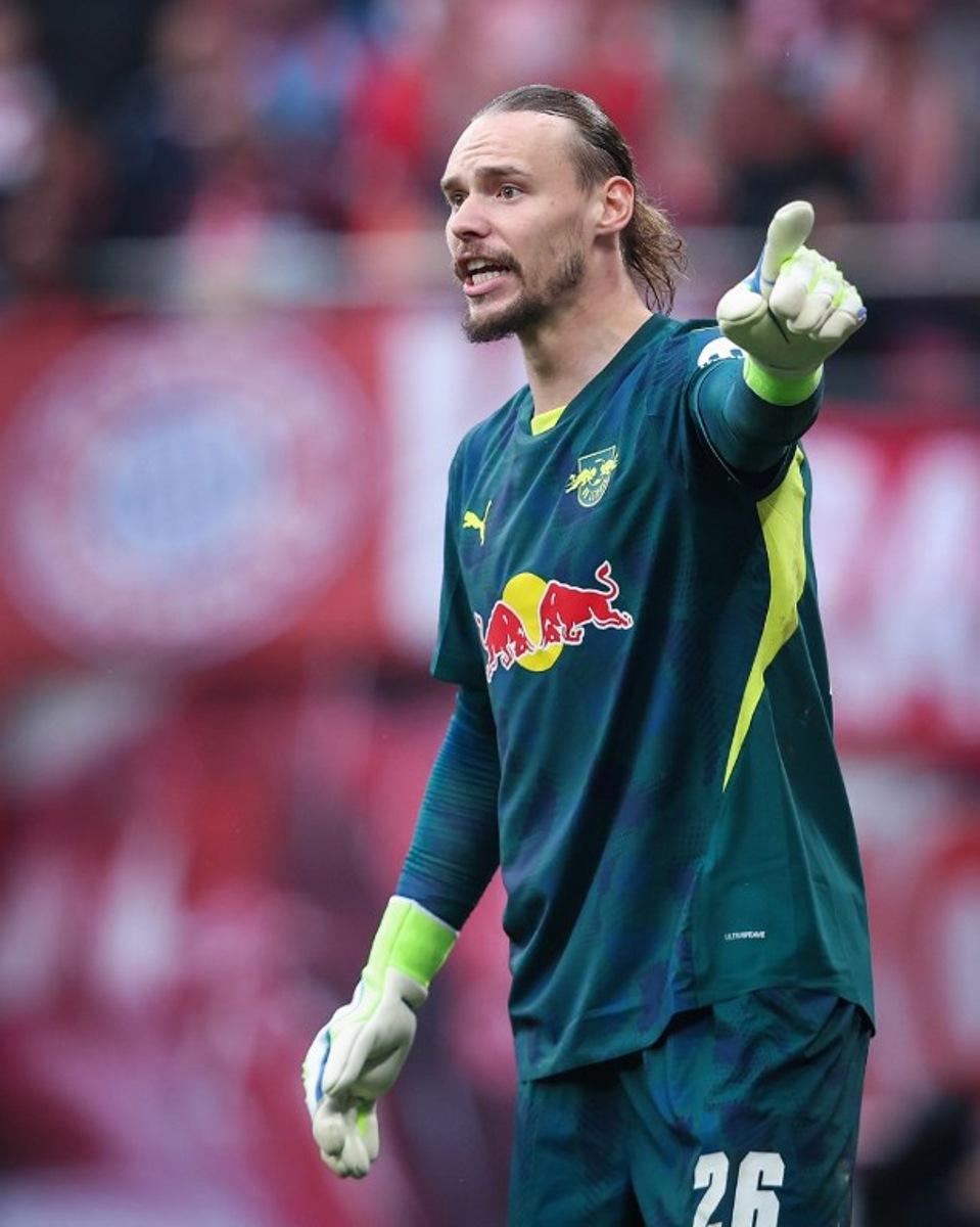 Leipzig's Belgian goalkeeper #26 Maarten Vandevoordt gestures during the German first division Bundesliga football match between RB Leipzig and FC Bayern Munich in Leipzig, eastern Germany on May 3, 2025. Ronny Hartmann / AFP