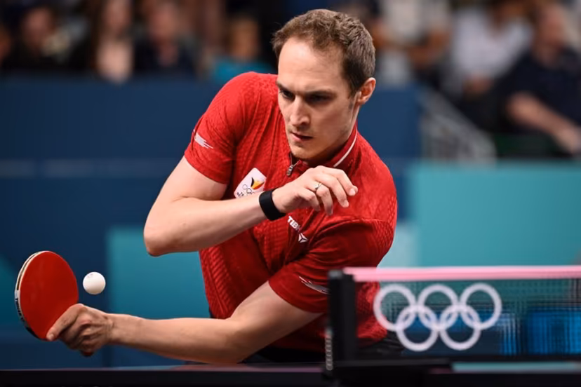 Belgium's Cedric Nuytinck plays a return against Sweden's Truls Moregard during their men's table tennis singles round of 64 at the Paris 2024 Olympic Games at the South Paris Arena in Paris on July 27, 2024. JUNG Yeon-je / AFP