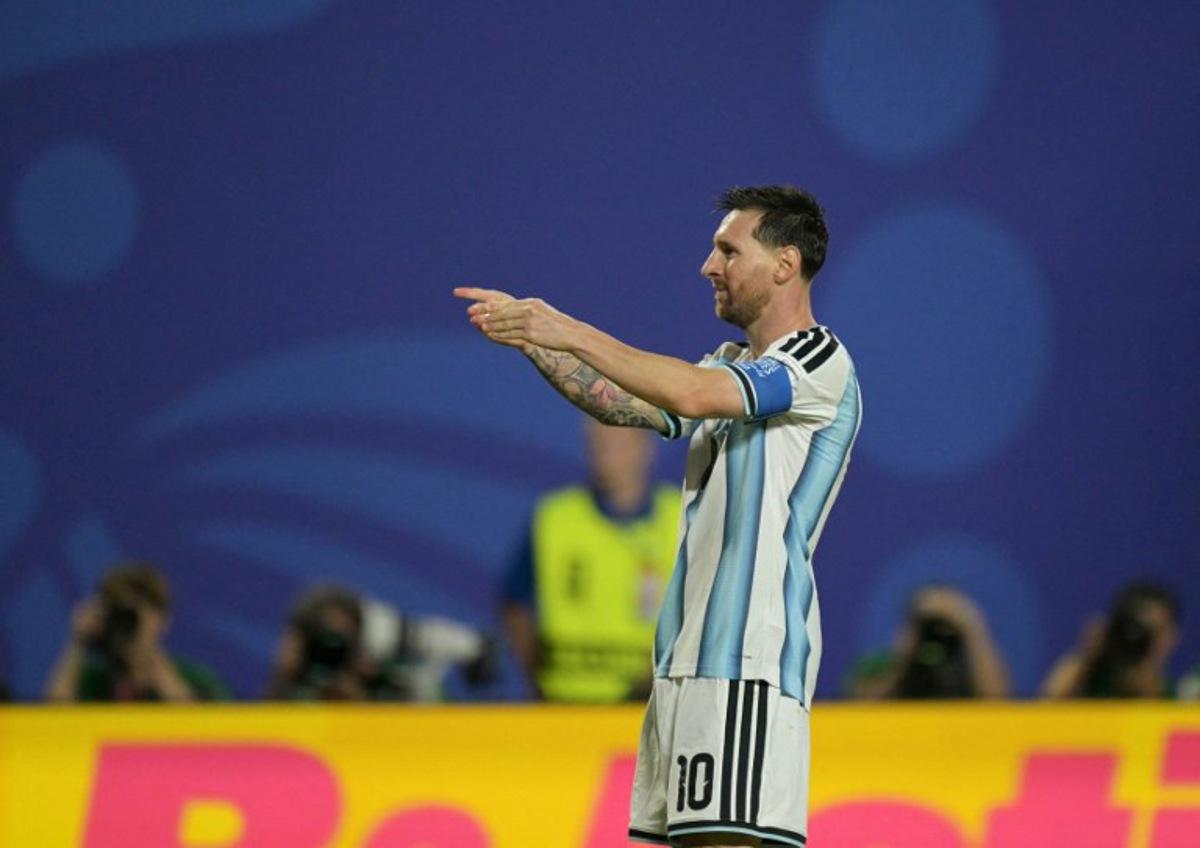 Argentina's forward #10 Lionel Messi celebrates scoring his team's third goal during the 2026 World Cup Group J football match between Argentina and Algeria at the Kansas City Stadium in Kansas City on June 16, 2026. JUAN MABROMATA / AFP