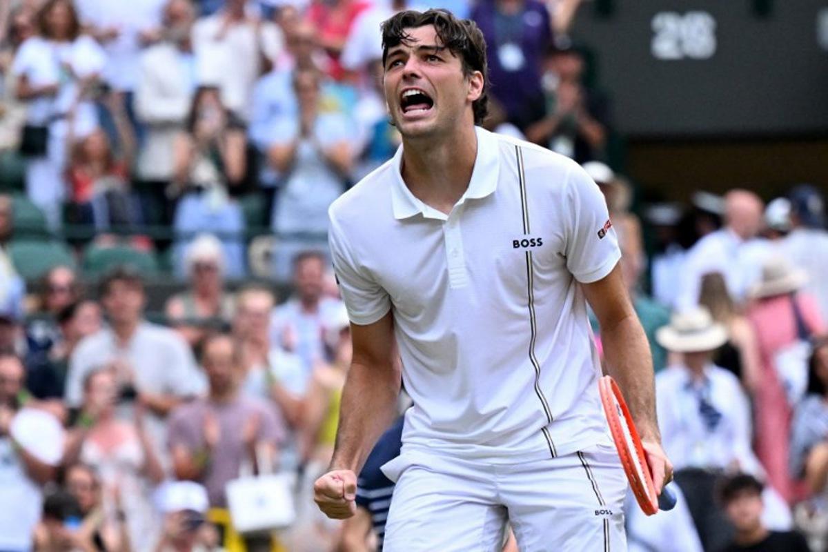 US player Taylor Fritz celebrates winning against Kazakhstan's Alexander Bublik during their men's singles round of 16 tennis match on the eighth day of the 2026 Wimbledon Championships at The All England Lawn Tennis and Croquet Club in Wimbledon, southwest London, on July 6, 2026. Kirill KUDRYAVTSEV / AFP
