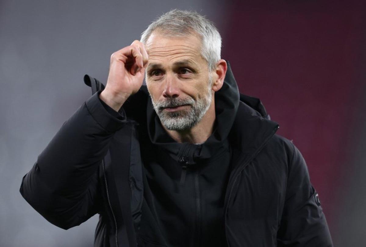 Leipzig's German head coach Marco Rose reacts after the German first division Bundesliga football match between RB Leipzig and Borussia Dortmund in Leipzig, eastern Germany on March 15, 2025. RONNY HARTMANN / AFP