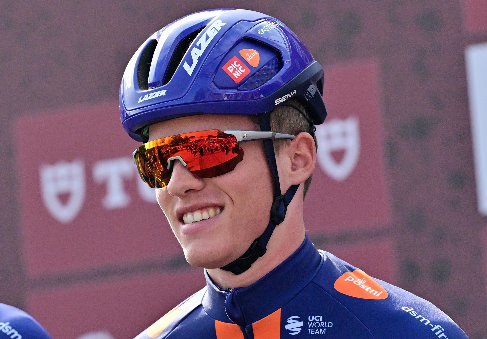 Belgian Robbe Dhondt of Team Picnic PostNL pictured at the start of the men elite 'Strade Bianche' one day cycling race, 203km from and to Siena, Italy on Saturday 07 March 2026. BELGA PHOTO DIRK WAEM