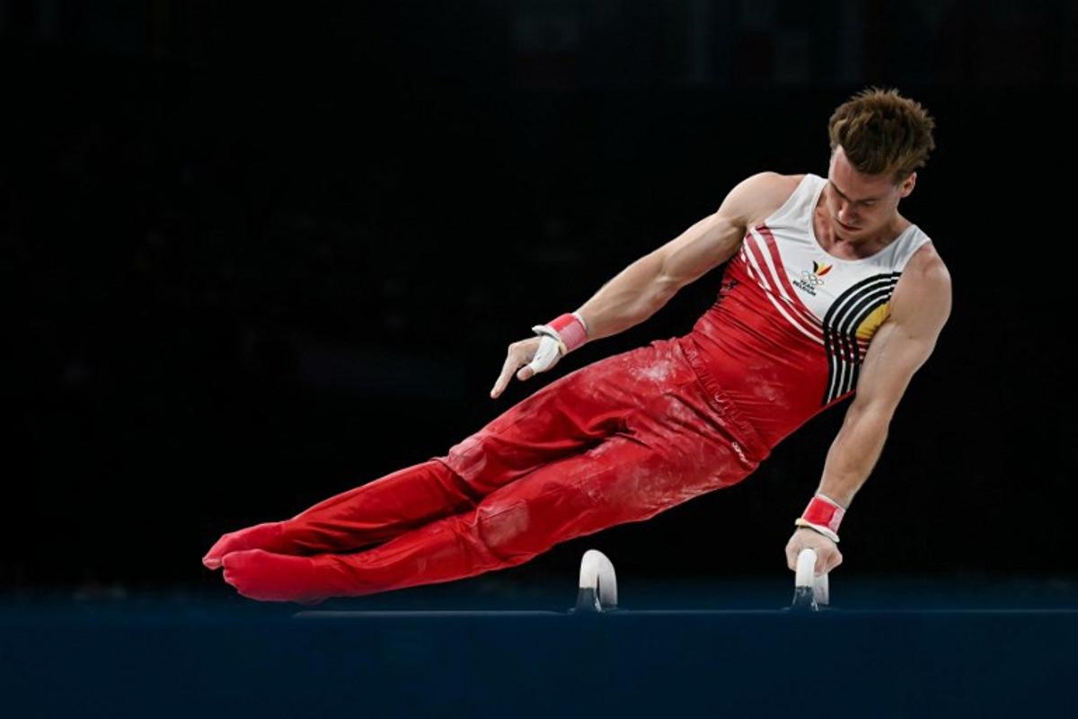 Belgium's Luka Van Den Keybus competes in the pommel horse event of the artistic gymnastics men's qualification during the Paris 2024 Olympic Games at the Bercy Arena in Paris, on July 27, 2024. Paul ELLIS / AFP