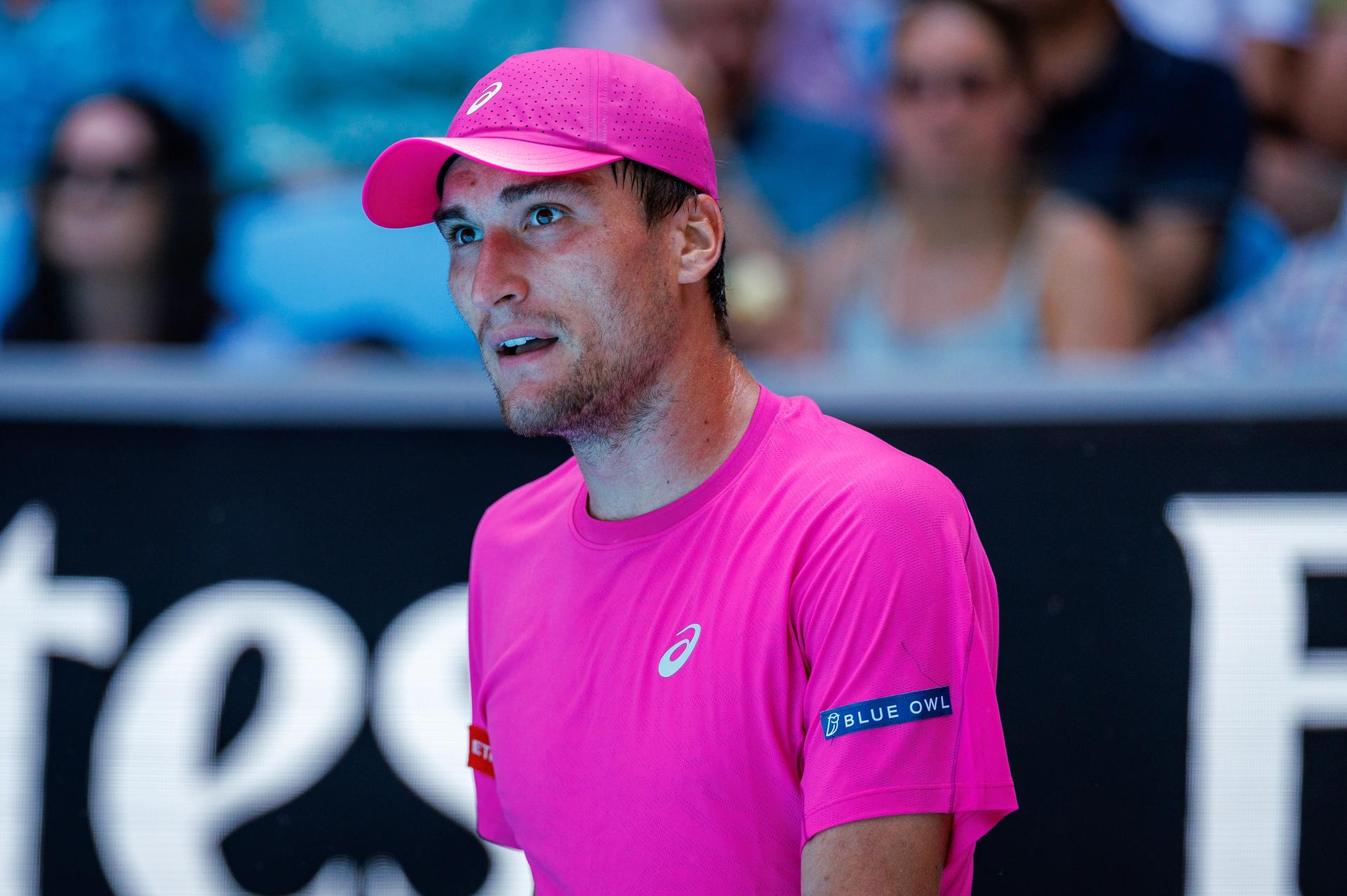Belgium's Raphael Collignon (ATP 72) pictured in action during a first round match against Italy's Musetti (ATP 5) in the men singles at the Australian Open, Melbourne Park, Melbourne on Tuesday 20 January 2026. BELGA PHOTO PATRICK HAMILTON --- BENELUX ONLY ---