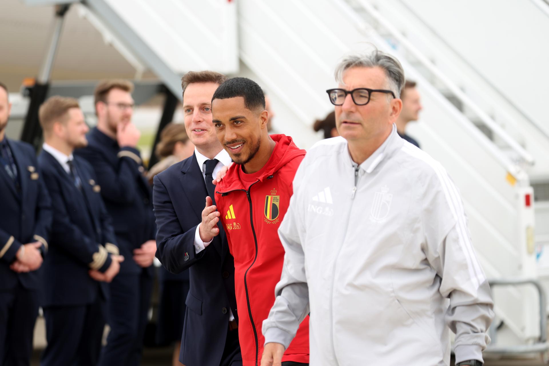 Chief Football Operations Pierre Locht, Belgium's Youri Tielemans and Belgium's spokesman David Steegen pictured at the departure of Belgian national soccer team the Red Devils from Brussels Airport, Monday 08 June 2026, in Zaventem. The Red Devils fly to their base camp in Seattle for the FIFA World Cup 2026 which is held in the United States, Canada and Mexico. BELGA PHOTO BRUNO FAHY