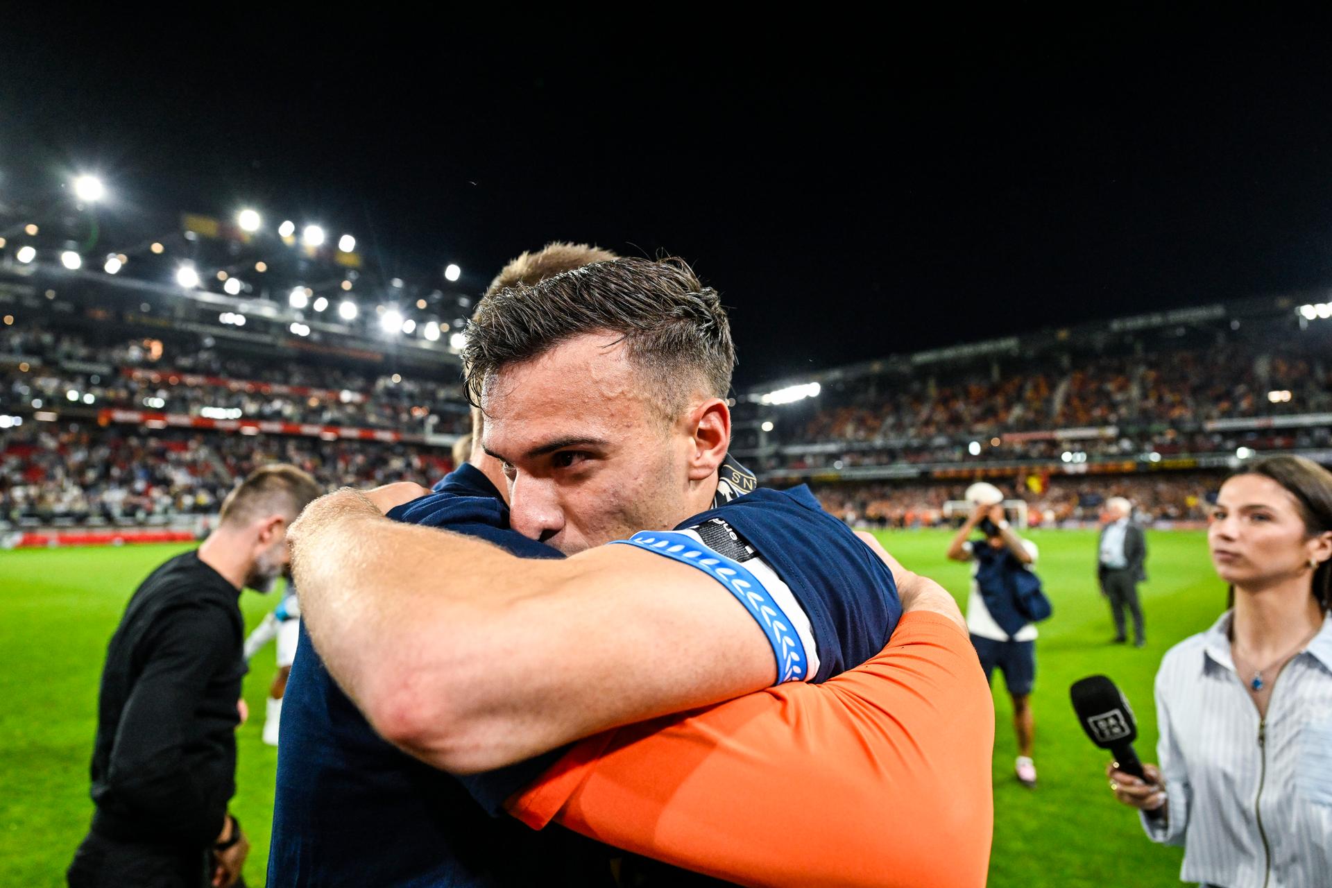 Club's Aleksandar Stankovic celebrates after winning the title at a soccer match between KV Mechelen and Club Brugge KV, Thursday 21 May 2026 in Mechelen, on the ninth day of the Champion's Play-offs of the 2025-2026 'Jupiler Pro League' first division of the Belgian championship. BELGA PHOTO TOM GOYVAERTS