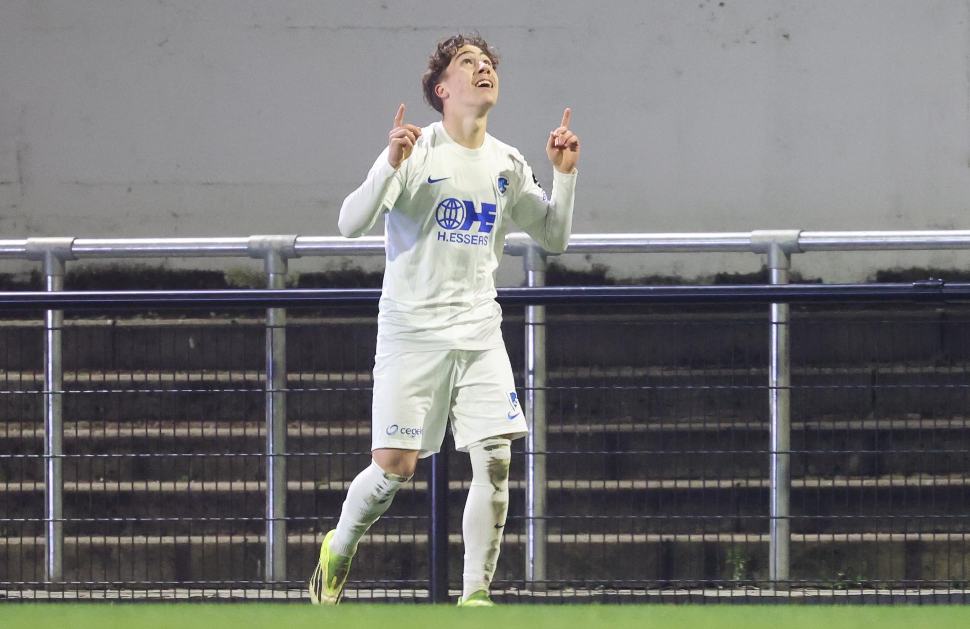 Jong Genk's Jelle Driessen celebrates after scoring during a soccer game between Olympic Charleroi and Jong Genk, Friday 20 March 2026 in Charleroi, on day 31 (out of 34) of the 2025-2026 'Challenger Pro League' 1B second division of the Belgian championship. BELGA PHOTO VIRGINIE LEFOUR