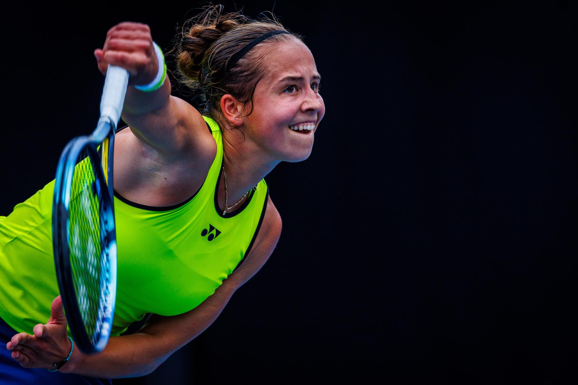 Belgium¿s Hanne Vandewinkel during a qualifying match against USA¿s Carol Young Suh at the Australian Open, Melbourne Park, Melbourne, January 13, 2026. Photo by Patrick Hamilton/SIPA USA) --- BENELUX ONLY ---