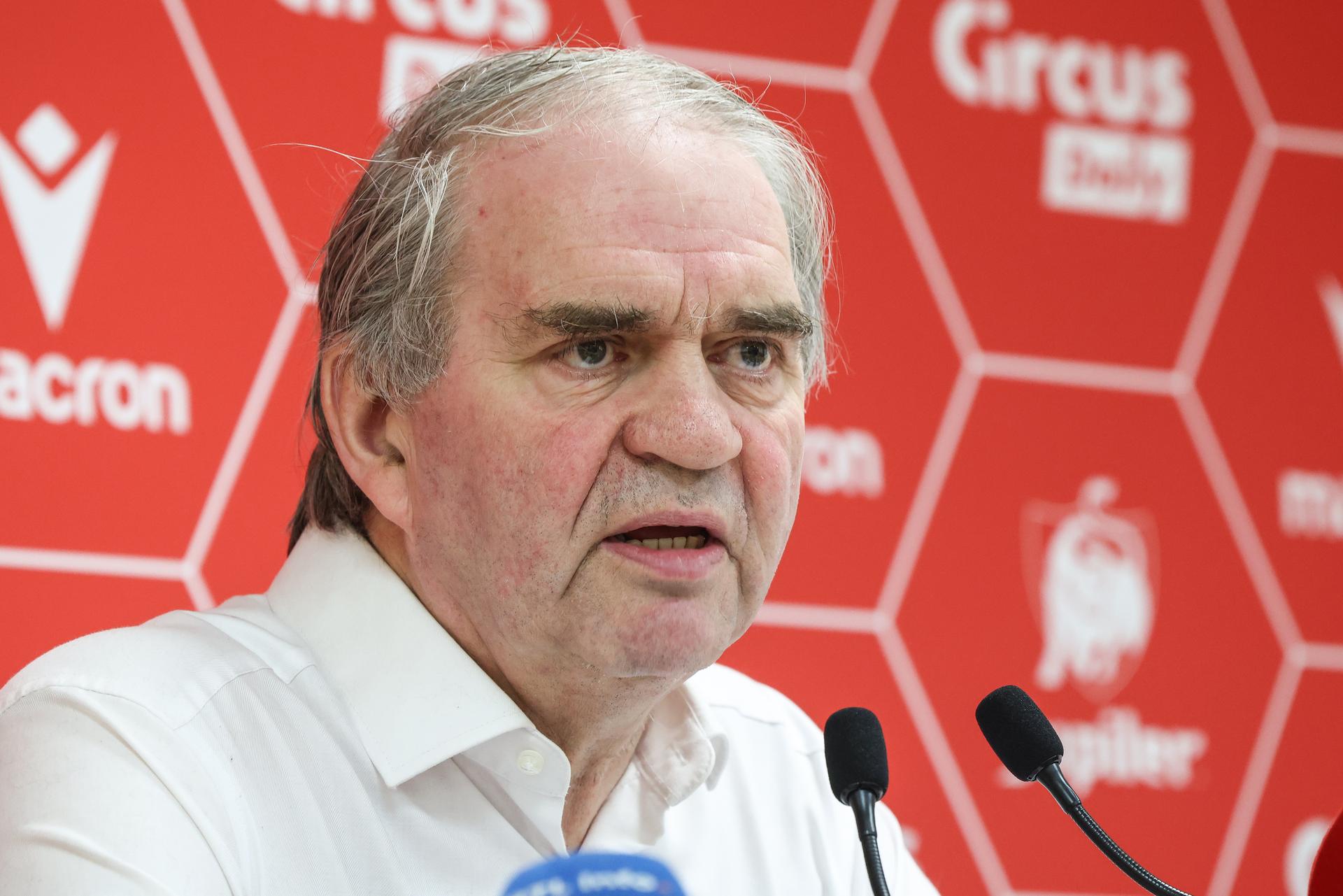 Standard's general manager Pierre Francois pictured during a press conference of first league team Standard de Liege regarding the incidents after Saturday's derby game against Sporting Charleroi, Monday 25 May 2026 in Liege. BELGA PHOTO BRUNO FAHY