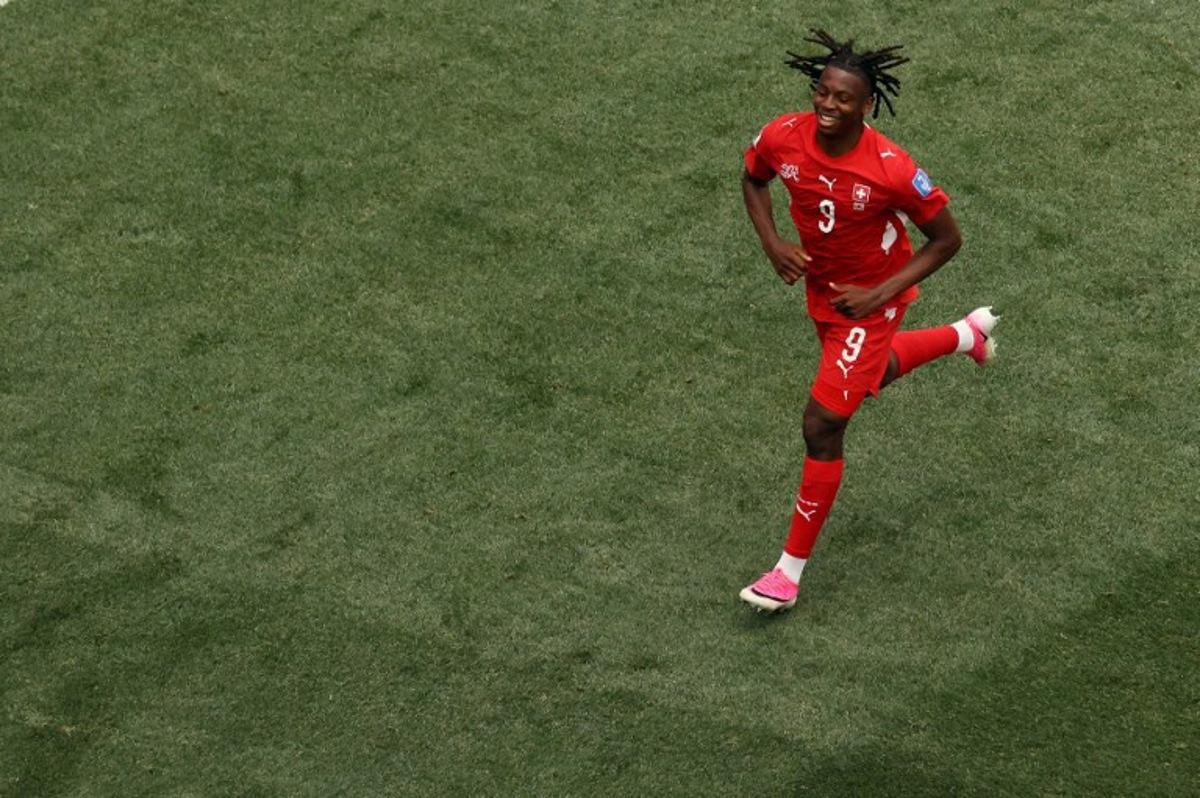 Switzerland's midfielder #09 Johan Manzambi celebrates scoring his team's third goal during the 2026 World Cup Group B football match between Switzerland and Bosnia and Herzegovina at Los Angeles Stadium in Inglewood on June 18, 2026. Etienne Laurent / AFP
