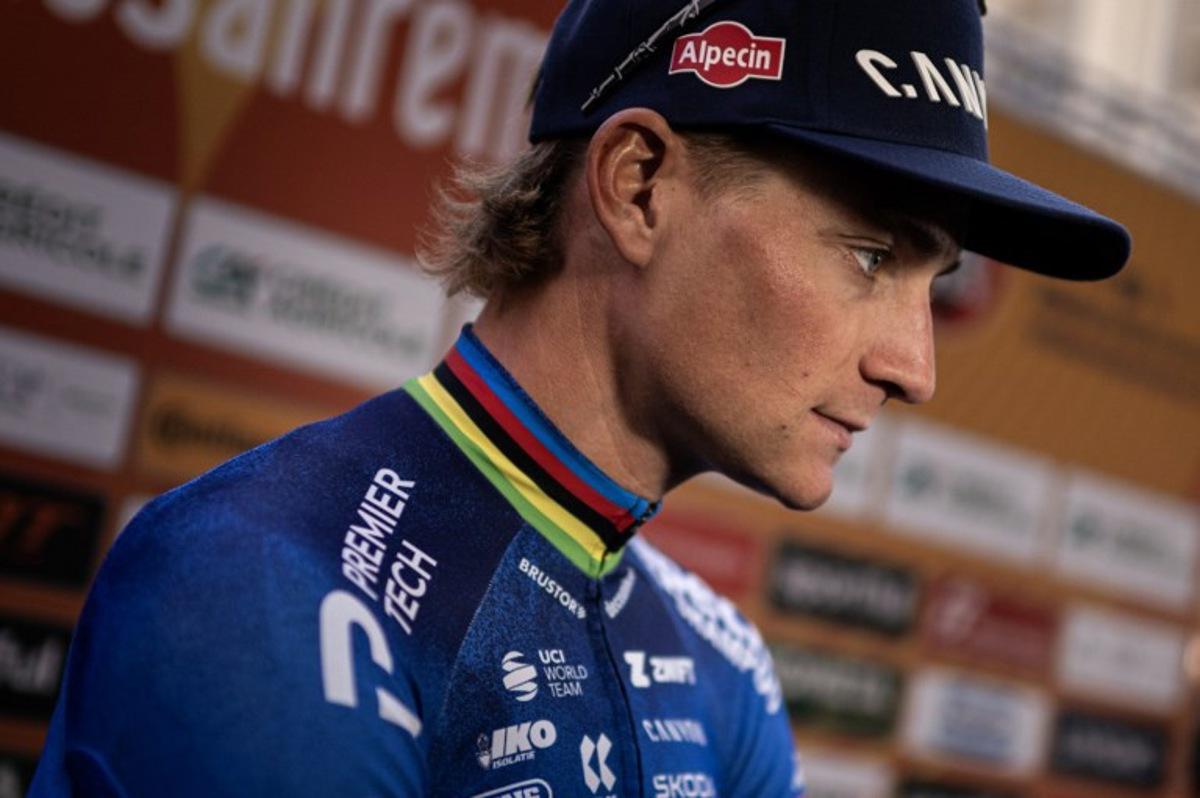 Team Alpecin-Premier Tech Dutch Mathieu van der Poel attends the Teams presentation on the eve of the Milan - Sanremo one-day classic cycling race, in Pavia, on March 20, 2026. MARCO BERTORELLO / AFP