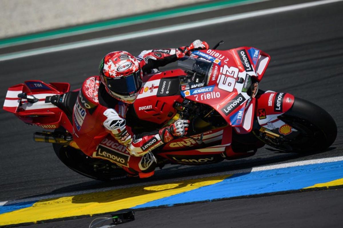 Ducati Lenovo Team's Italian rider Francesco Bagnaia corners during the first practice session ahead of the Moto GP Grand Prix of France at Le Mans, northwestern France, on May 8, 2026. Loic VENANCE / AFP