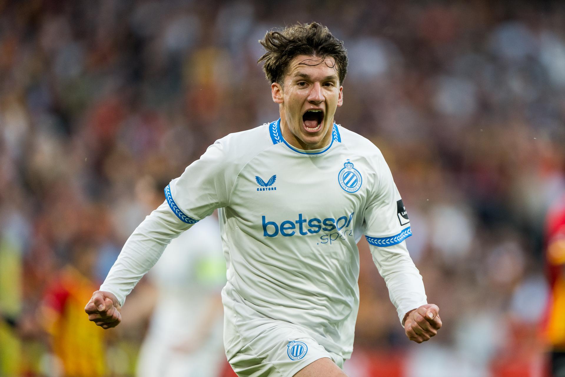 Club's Christos Tzolis celebrates after scoring during a soccer match between KV Mechelen and Club Brugge KV, Thursday 21 May 2026 in Mechelen, on the ninth day of the Champion's Play-offs of the 2025-2026 'Jupiler Pro League' first division of the Belgian championship. BELGA PHOTO JASPER JACOBS