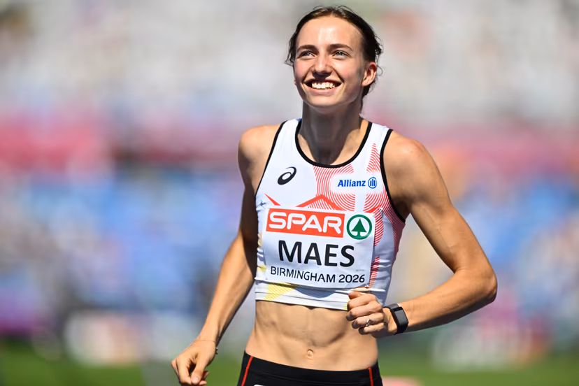 Belgian Merel Maes celebrates after 1m91 jump to qualifu for the final at the women's high jump qualification event on the fourth day of the European Athletics Championships (August 10-18) in Birmingham, United Kingdom, on Thursday 13 August 2026. BELGA PHOTO ERIC LALMAND