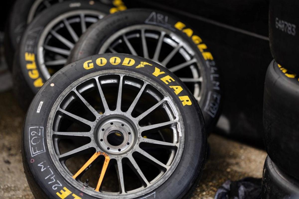 A tyre is pictured at a paddock of Le Mans' racetrack on June 12, 2024 in Le Mans, western France, during the preparation of Le Mans' 24-hours endurance race. FRED TANNEAU / AFP