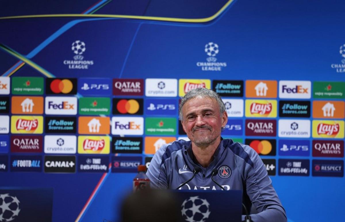 Paris Saint-Germain's Spanish head coach Luis Enrique gives a press conference of French football club Paris Saint-Germain a day ahead of their UEFA Champions League semi-final match against German club FC Bayern Munich at the PSG Campus in Poissy, north-west of Paris, on April 27, 2026. FRANCK FIFE / AFP