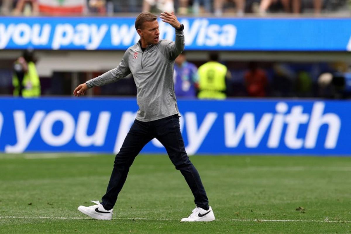 Canada's US head coach Jesse Marsch gestures at the halftime of the 2026 World Cup round of 32 football match between South Africa and Canada at the Los Angeles Stadium in Inglewood on June 28, 2026. ETIENNE LAURENT / AFP