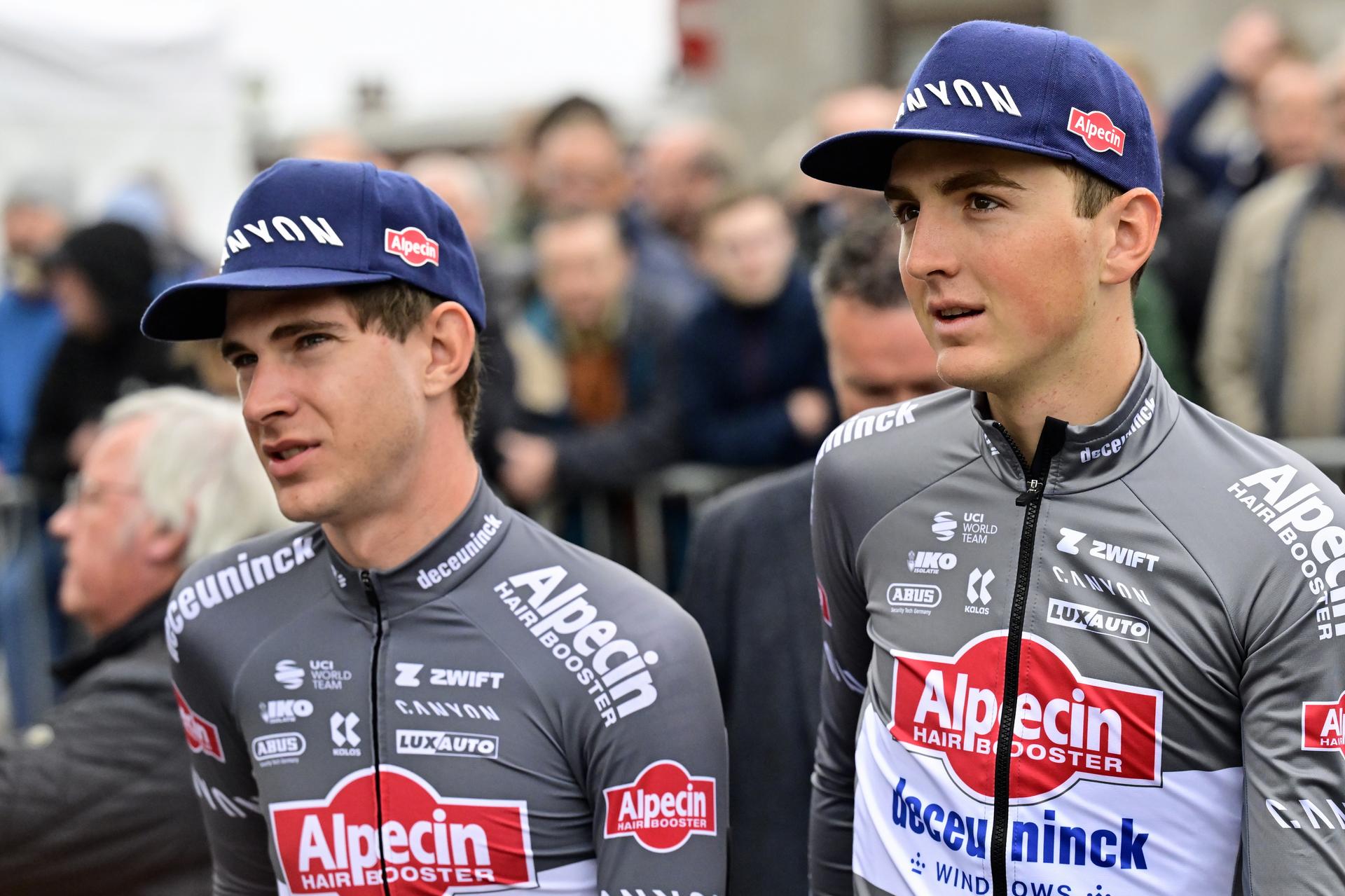Belgian Ramses Debruyne of Alpecin-Deceuninck and Belgian Emiel Verstrynge of Alpecin-Deceuninck pictured at the start of the men's race of the 'La Fleche Wallonne', one day cycling race (Waalse Pijl - Walloon Arrow), 205,2 km from Ciney to Huy, Wednesday 23 April 2025. BELGA PHOTO DIRK WAEM
