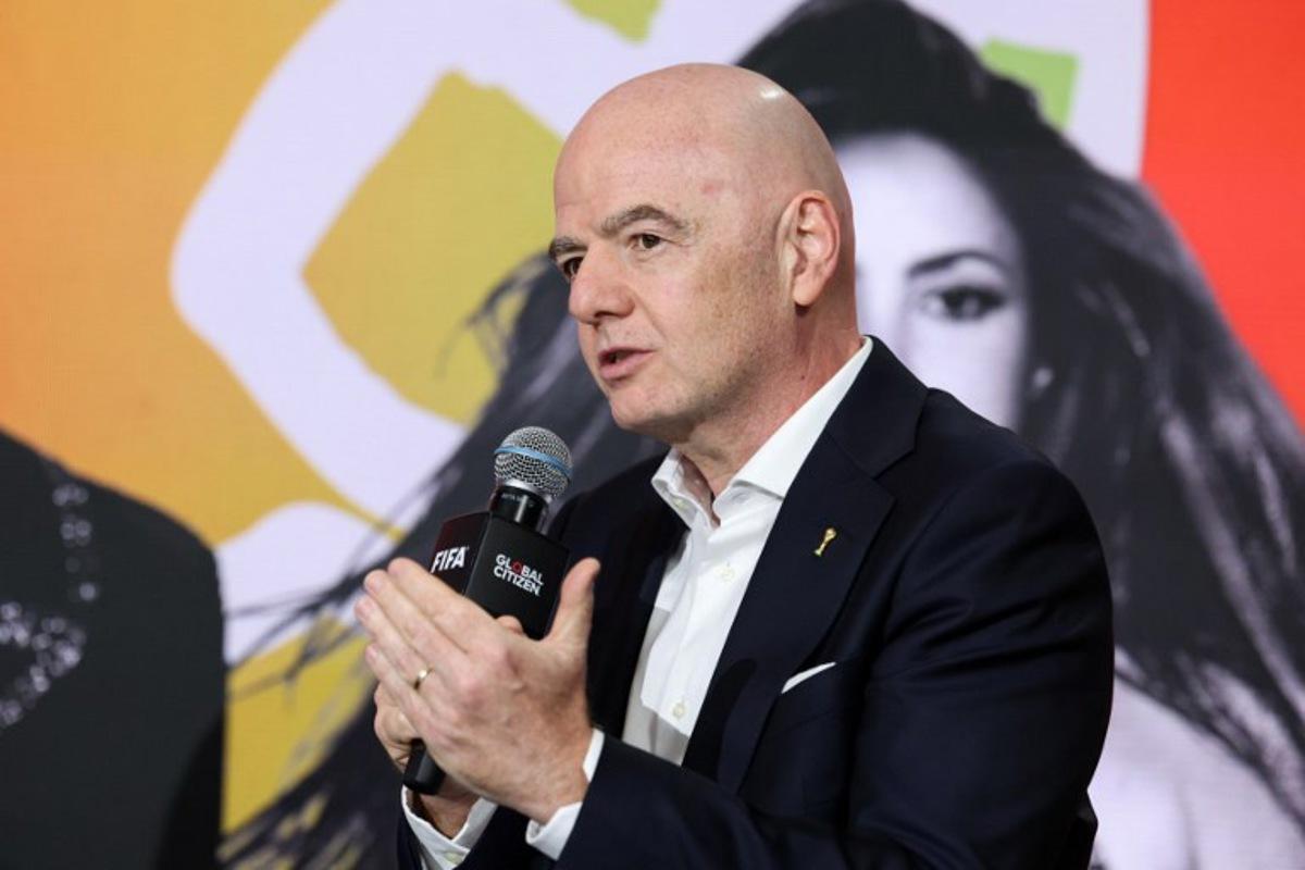 FIFA President Gianni Infantino speaks on stage for the 2026 World Cup halftime show announcement during the Global Citizen and FIFA World Cup panel at the Global Citizen NOW event in New York City on May 14, 2026. CHARLY TRIBALLEAU / AFP