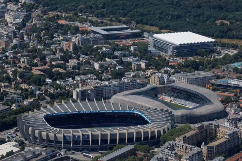 This aerial picture taken on June 17, 2026 shows a view of the Parc des Princes (L) and Jean Bouin (R) stadiums in Paris. Thomas SAMSON / AFP
