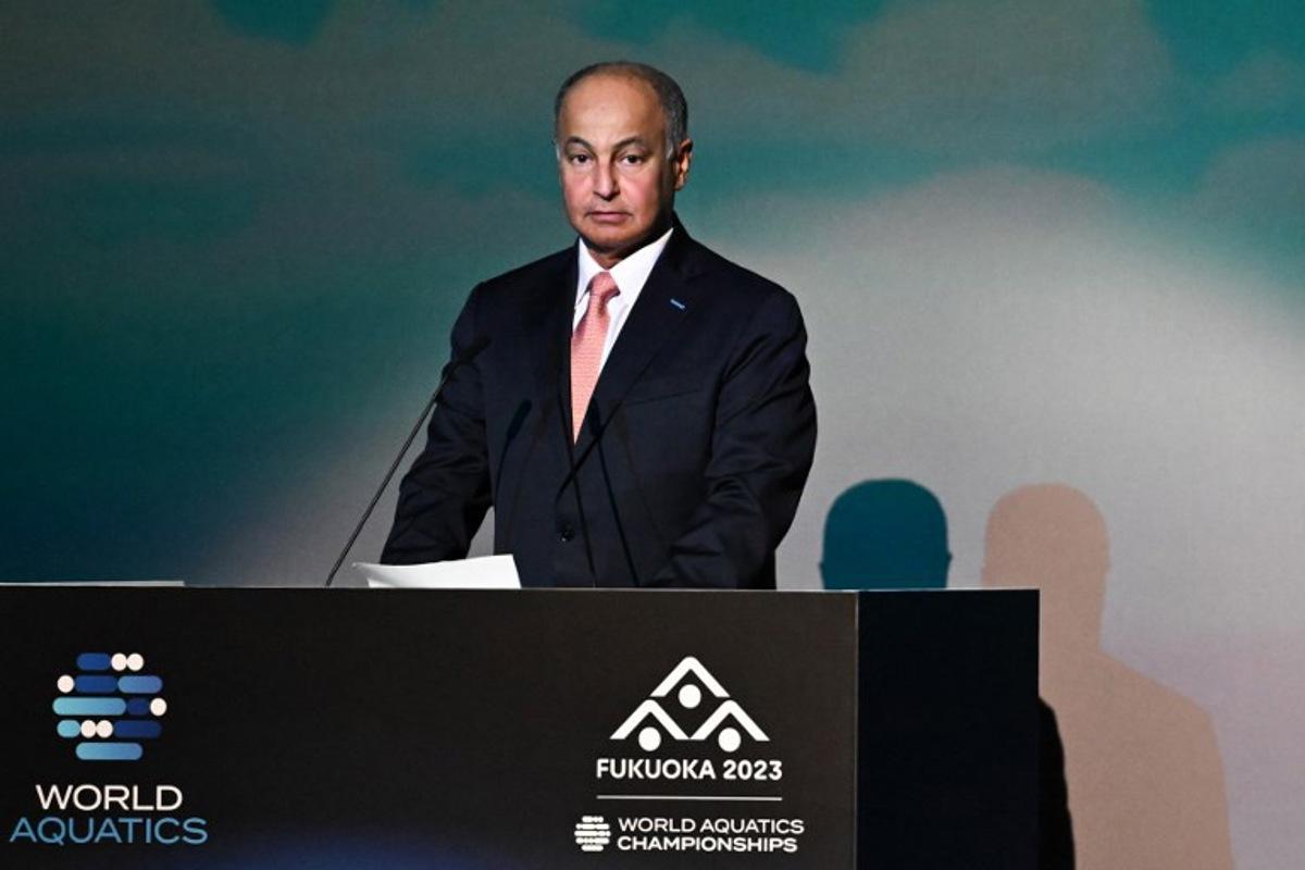 World Aquatics President Husain al-Musallam delivers a speech during the opening ceremony of the World Aquatics Championships in Fukuoka on July 14, 2023. Philip FONG / AFP