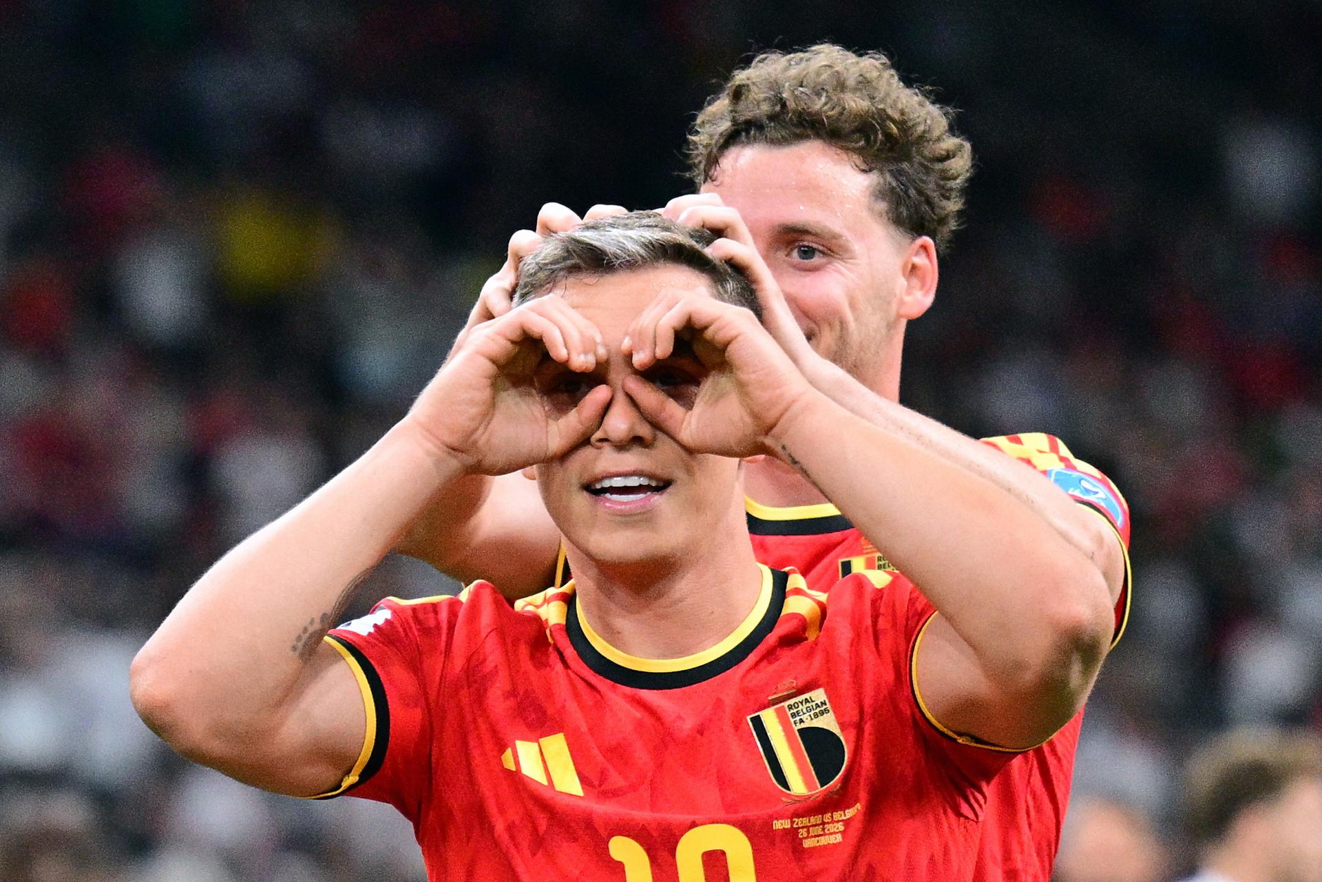 Belgium's Leandro Trossard and Belgium's Maxim De Cuyper celebrate after scoring during a soccer game between Belgian national team Red Devils and New Zealand, on Friday 26 June 2026, at the BC Place Vancouver stadium in Vancouver, Canada, the third game in the group stage of the FIFA World Cup 2026. The Diables Rouges - Rode Duivels were drawn into Group G. BELGA PHOTO BRUNO FAHY