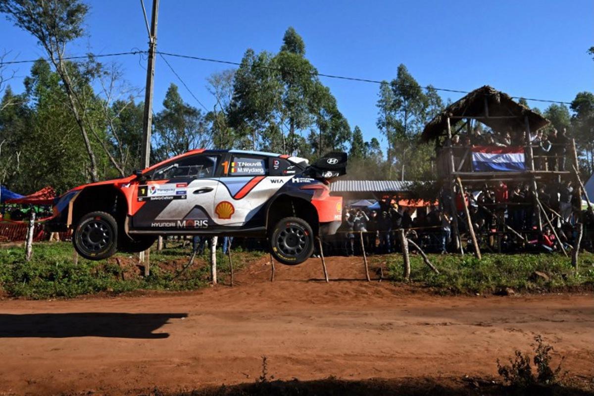 Belgium Driver Thierry Neuville And Co-driver Martijn Wydaeghe compete in their Hyundai i20 N Rally1 during the Nueva Alborada stage of the WRC Rally Paraguay, the 10th round of the FIA World Rally Championship (WRC), near Encarnacion, Paraguay on August 29, 2025. Luis ROBAYO / AFP