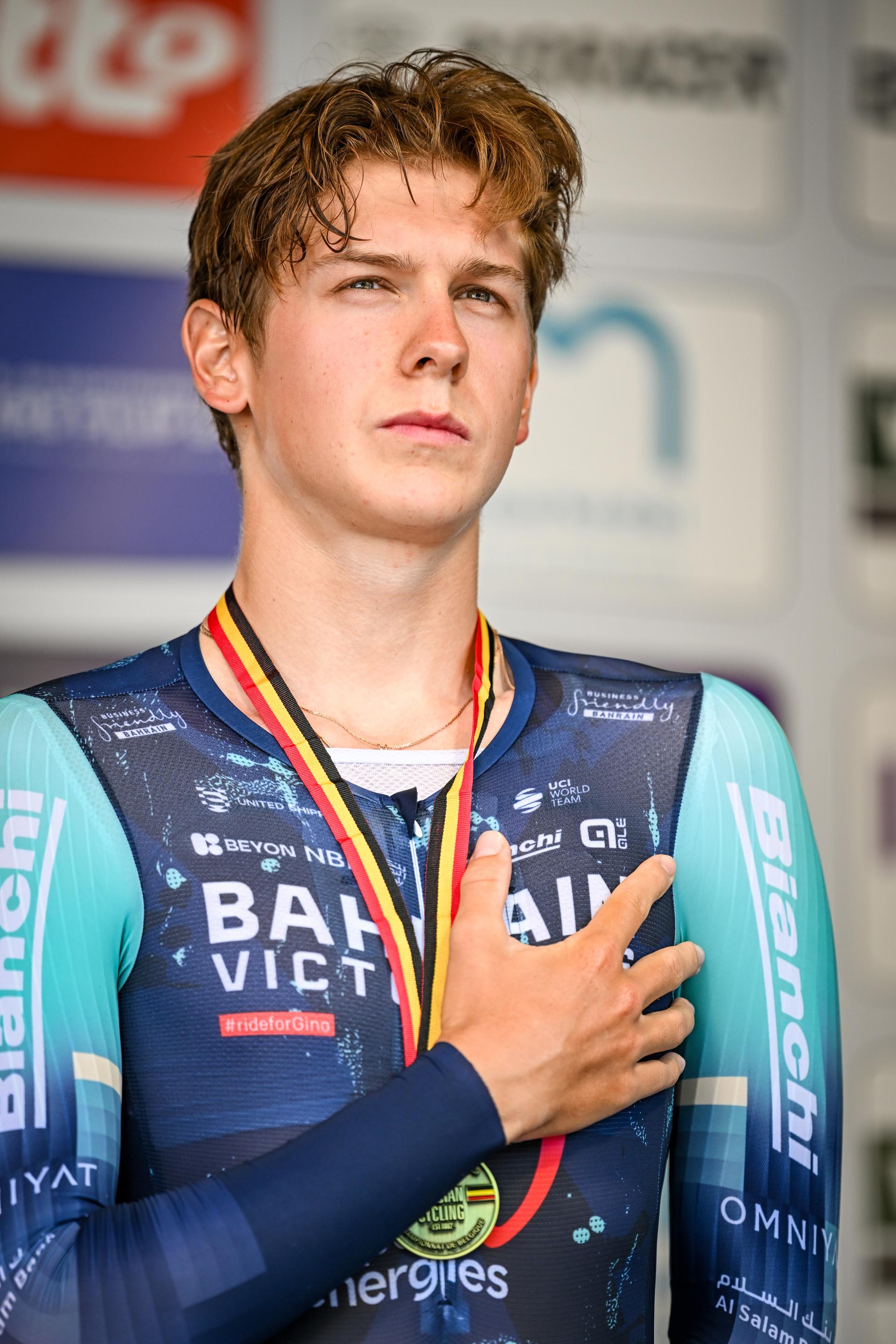 Belgian Vlad Van Mechelen of Bahrain Victorious pictured on the podium after the men's elite individual road time trial race (41,5km) at the Belgian Cycling Championships, in Maarkedal, on Friday 26 June 2026. BELGA PHOTO DAVID PINTENS