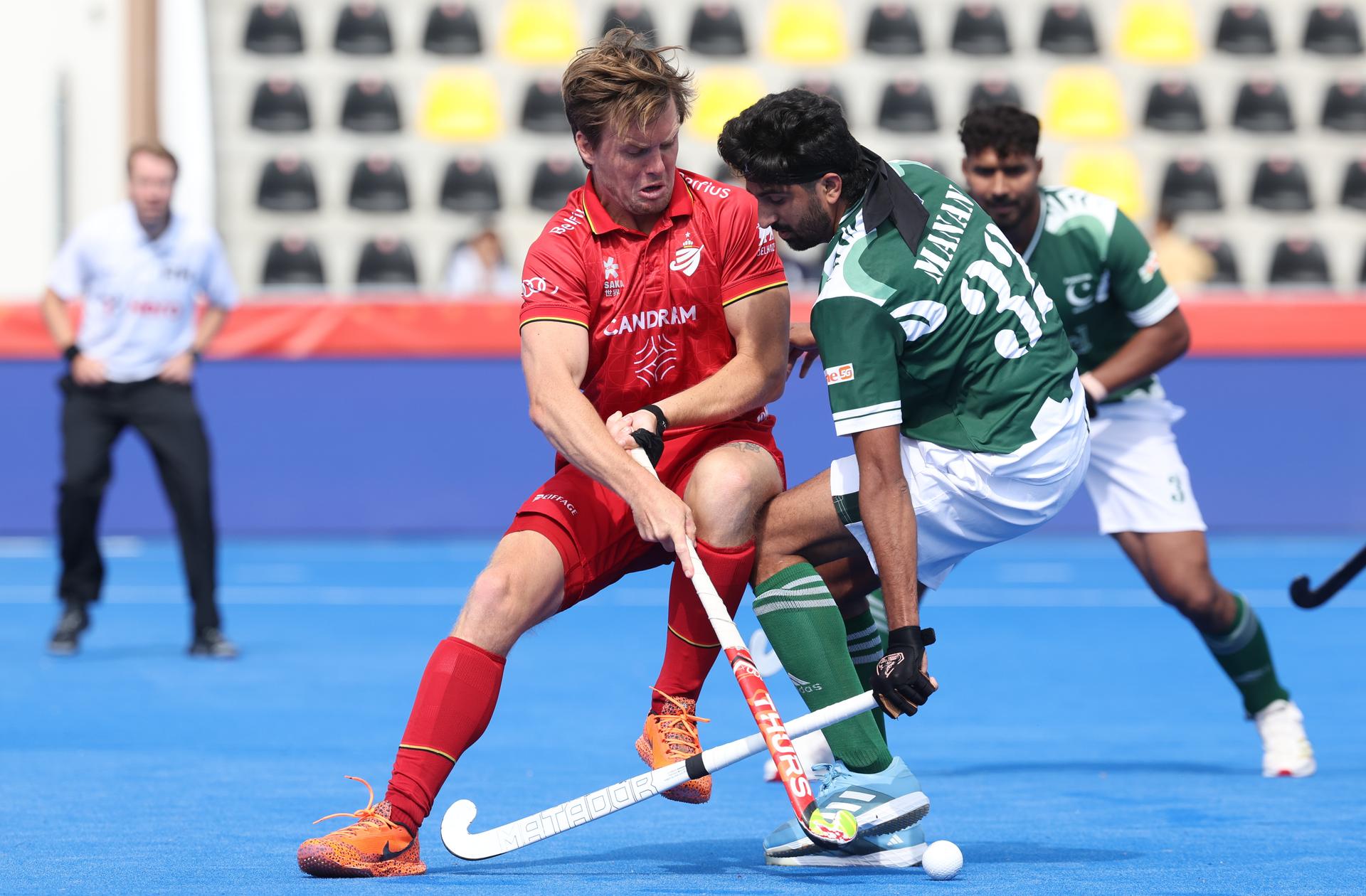 Belgium's Tom Boon fights for the ball during a hockey game between Belgian national team Red Lions and Pakistan, Saturday 13 June 2026 in Wavre, match 9/16 in the group stage of the men's FIH Pro League competition. BELGA PHOTO VIRGINIE LEFOUR