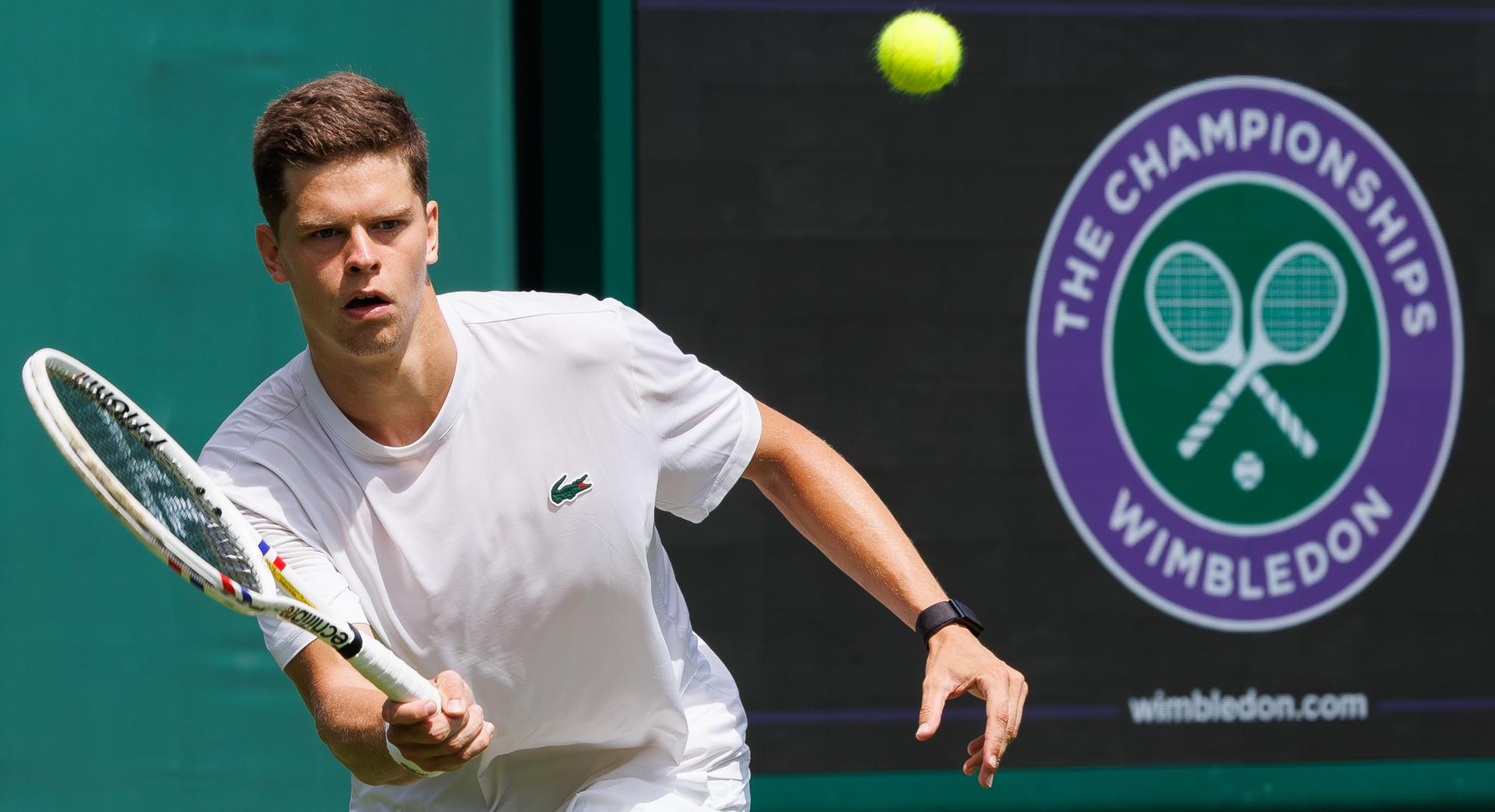 Belgian Alexander Blockx pictured in action during the afternoon training session at the Wimbledon grand slam tennis tournament in London, Britain, Saturday 27 June 2026. The main tournament is starting on Monday 29th June. BELGA PHOTO BENOIT DOPPAGNE