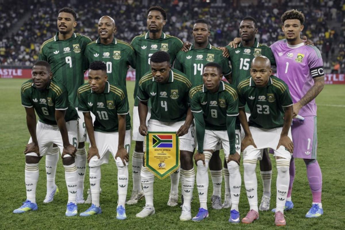 South Africa's team pose for a photograph ahead of the friendly international football match between South Africa and Panama at the Cape Town Stadium in Cape Town on March 31, 2026. GIANLUIGI GUERCIA / AFP