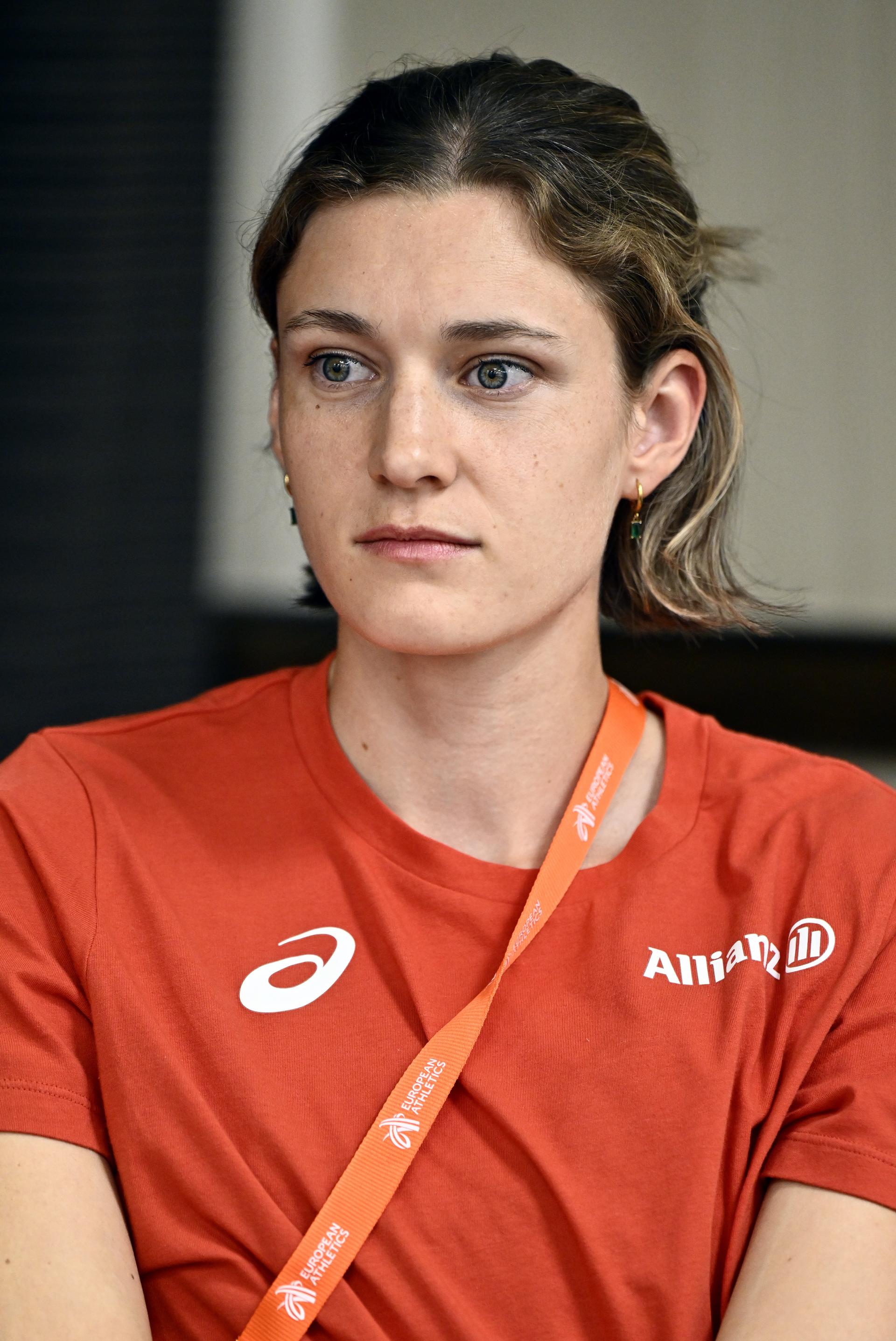 Belgian Helena Ponette pictured during a press conference before the European Athletics Championships (August 10¿18), in Birmingham, United Kingdom, on Saturday 8 August 2026. BELGA PHOTO ERIC LALMAND