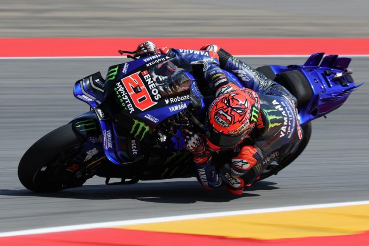 Monster Energy Yamaha MotoGP's French rider Fabio Quartararo takes a curve during the first free practice session of the MotoGP Aragon Grand Prix at the Motorland circuit in Alcaniz, northeastern Spain, on June 6, 2025. LLUIS GENE / AFP
