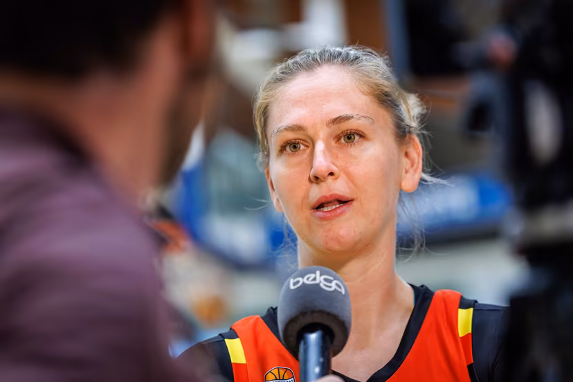 Belgium's Emma Meesseman talks to the press during a press moment of Belgian basketball national team, the Belgian Cats, in Kortrijk, Thursday 13 August 2026. Cats are preparing the world cup in Germany in September. BELGA PHOTO KURT DESPLENTER