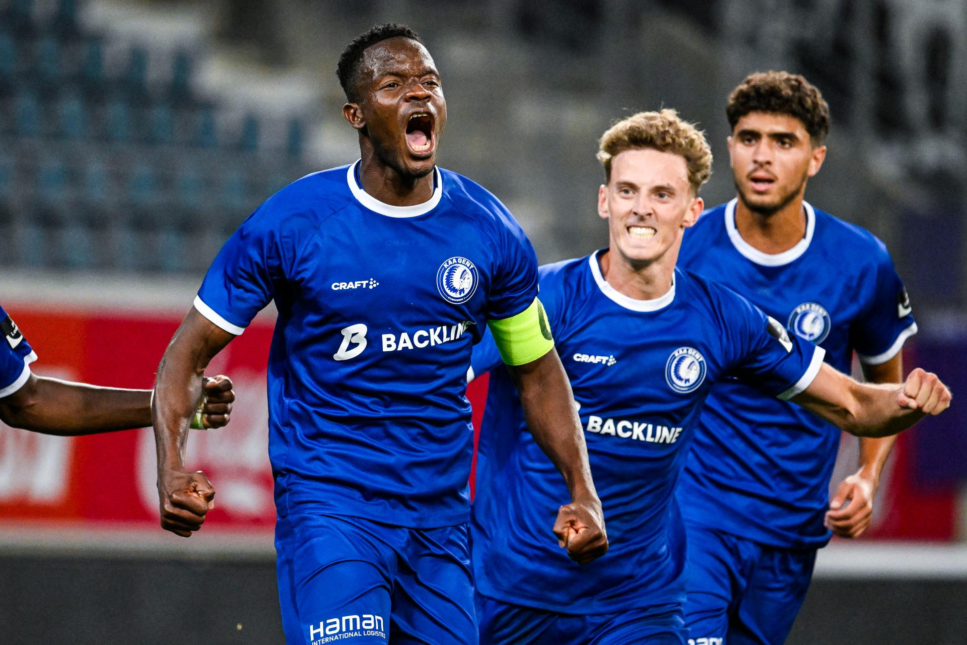 Jong Gent's Mohamed Soumah celebrates after scoring during a soccer game between Jong KAA Gent and Beerschot VA, Friday 22 August 2025 in Gent, on day 3 of the 2025-2026 'Challenger Pro League' 1B second division of the Belgian championship. BELGA PHOTO TOM GOYVAERTS